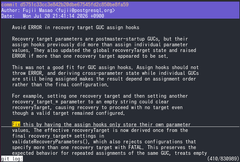 Example showing more content when searching in git log